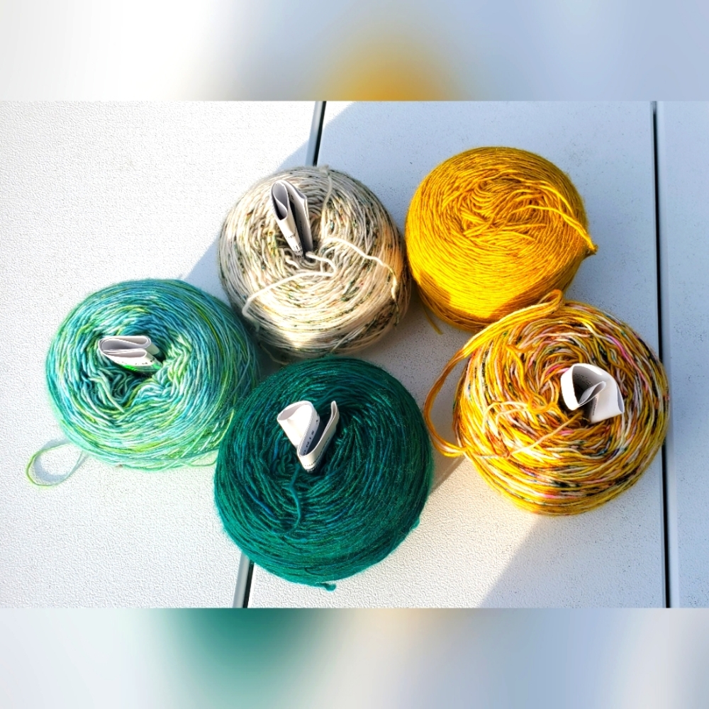 Hedgehog Fibers skinny singles kit to knit Briochealuscious Shawl, Andrea Mowry